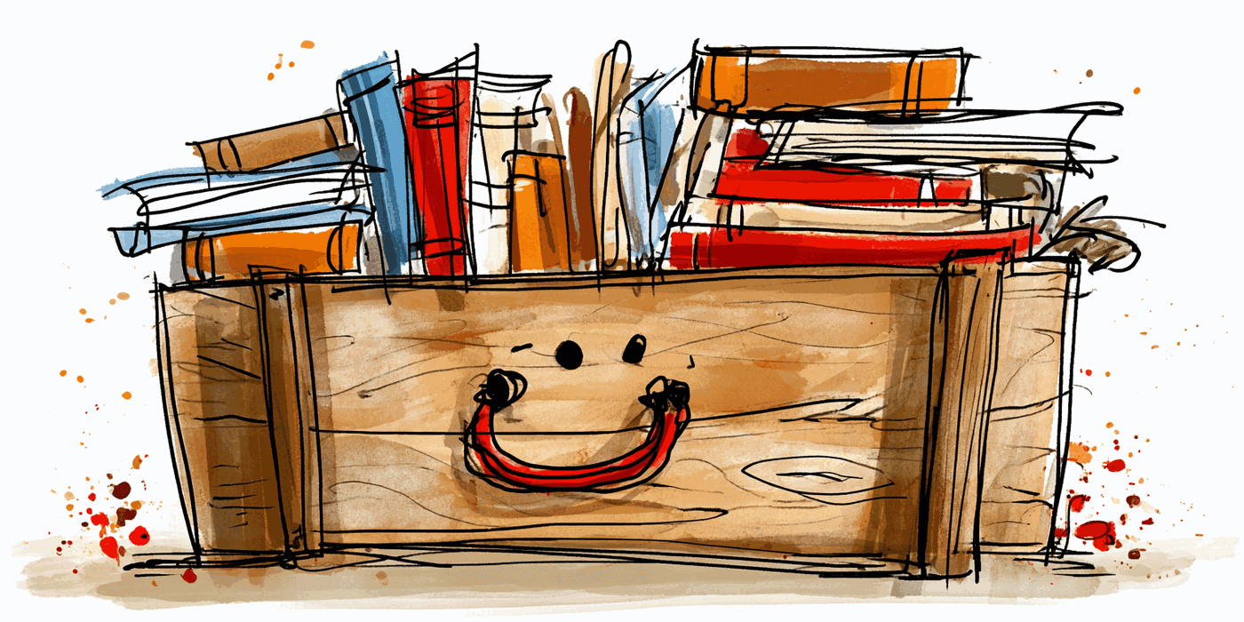 Eine hölzerne Kiste voller bunter Bücher mit einem lachenden Gesicht
